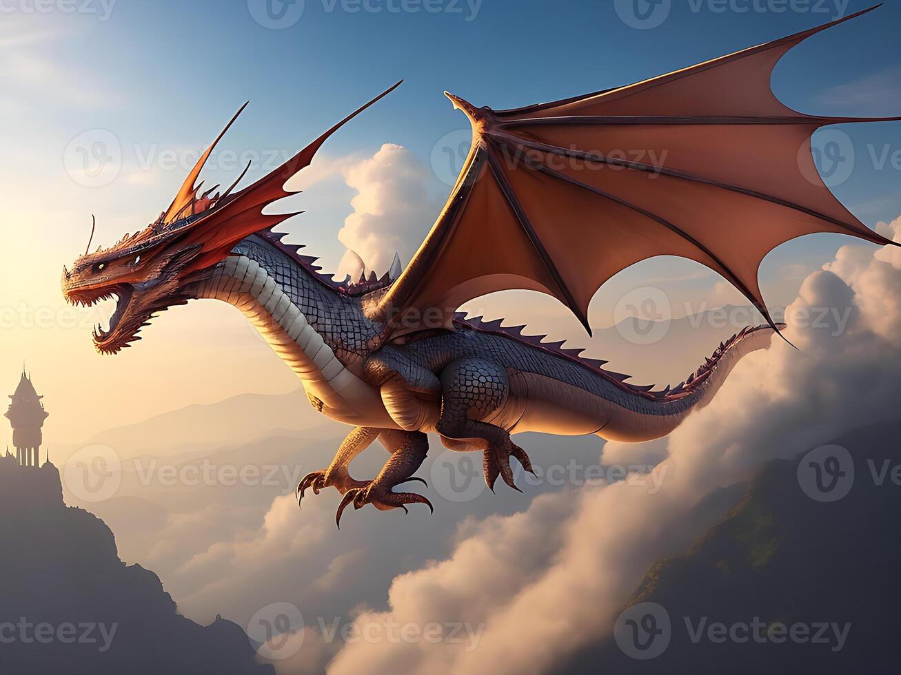 colossal, ancient dragon perches on a mountaintop, with a vast, sprawling fantasy world visible in the background, emphasizing the creature's majesty and power, rendered in a detailed. photo
