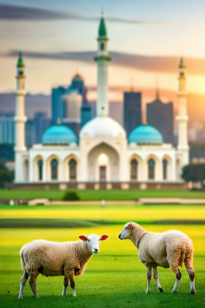A Pack of sheeps in the middle of mosque grassfield photo
