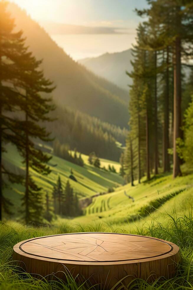 A rustic wood table in the middle of a nature background for product Display photo