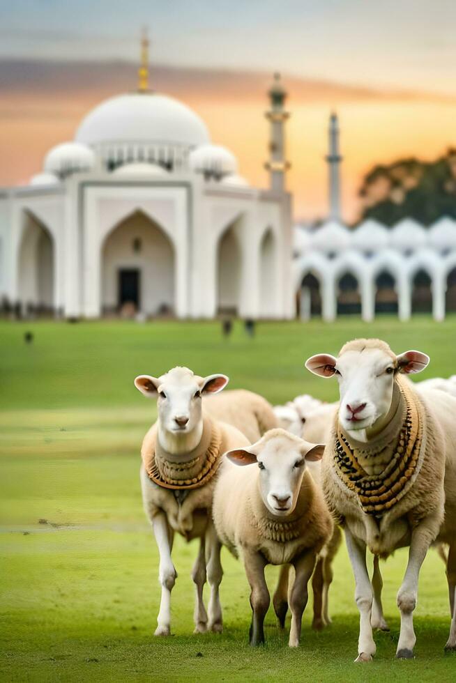 A Pack of sheeps in the middle of mosque grassfield photo