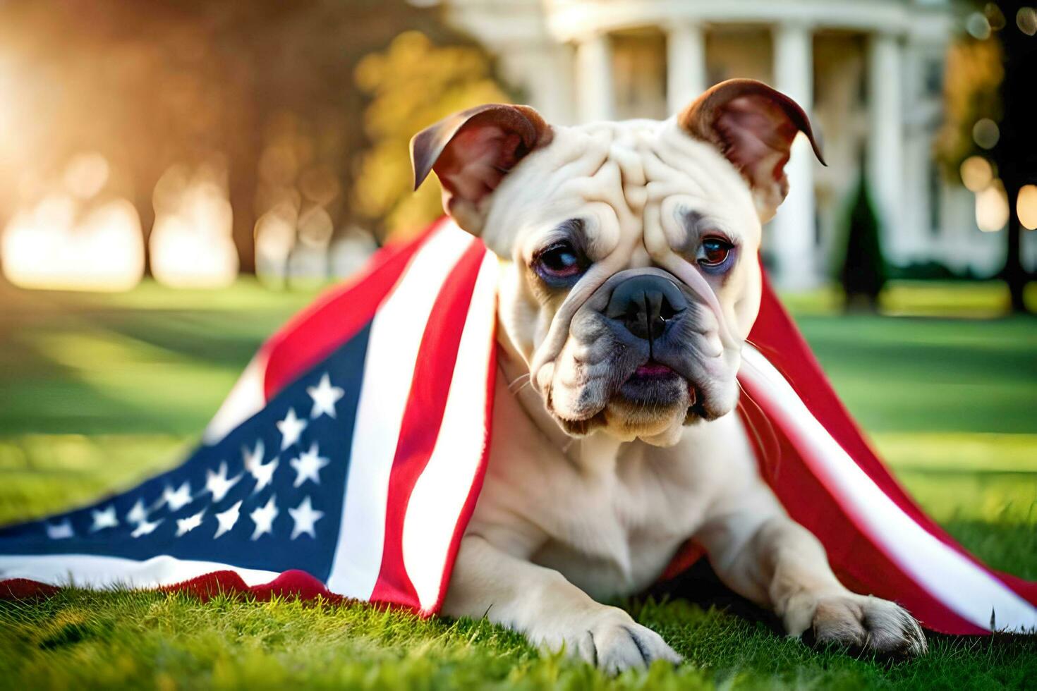 A Laying Bulldog and an american flag on it shoulder in the middle of grassfield photo