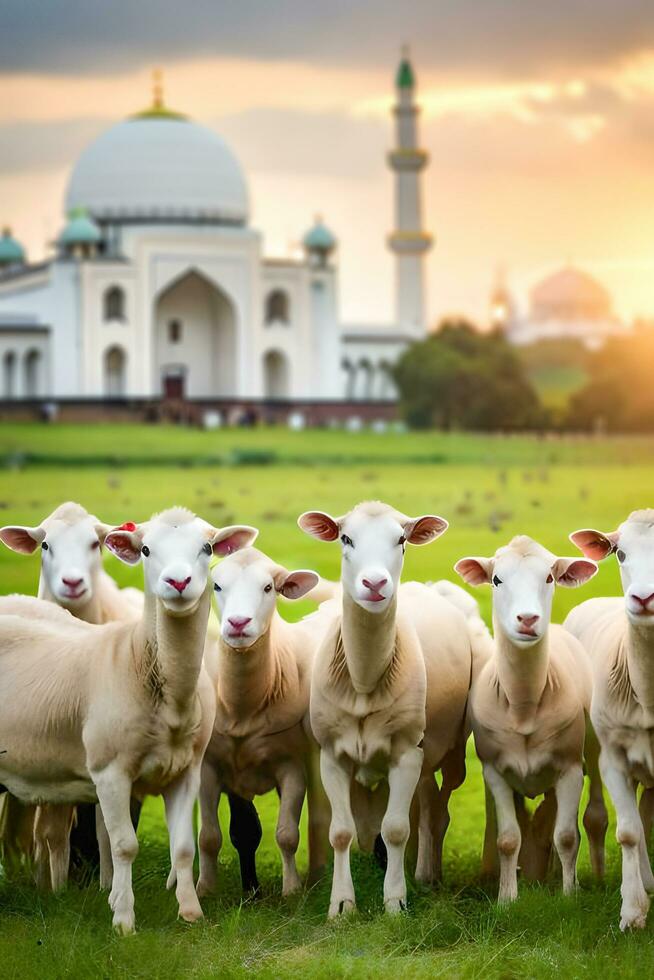 A Pack of sheeps in the middle of mosque grassfield photo