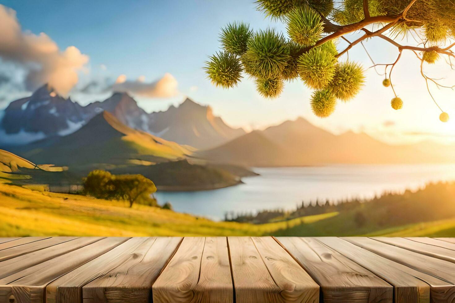 A rustic wood table in the middle of a nature background for product Display photo