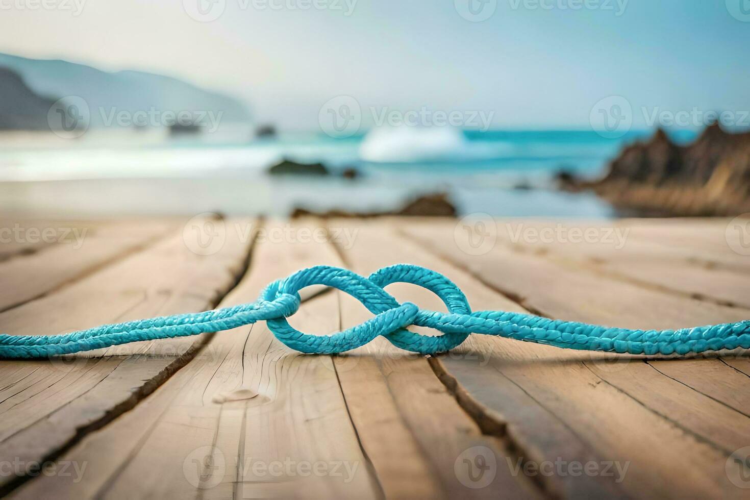 a close up photograph of a pair blue bracelet forming an infinity symbol on a rustic wood with bokeh background photo