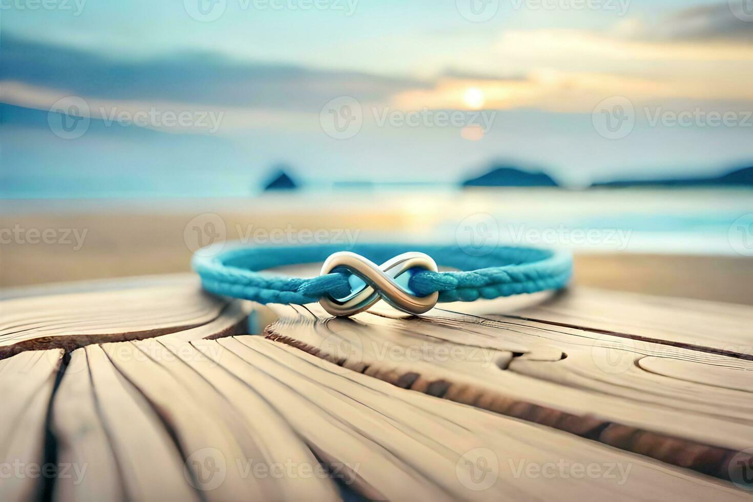 a close up photograph of a pair blue bracelet forming an infinity symbol on a rustic wood with bokeh background photo