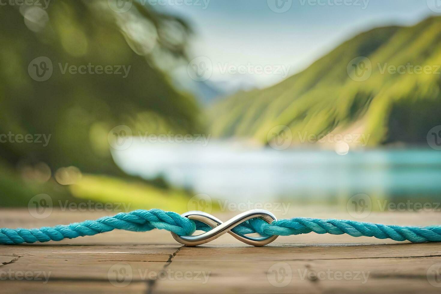 a close up photograph of a pair blue bracelet forming an infinity symbol on a rustic wood with bokeh background photo