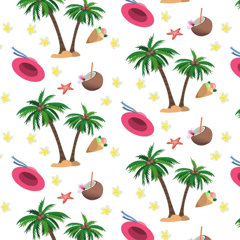 Seamless pattern with coconut palms coconut drink and ice cream colorful beach style vector