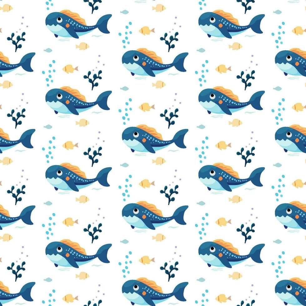 Seamless pattern with cute shark and algae on white background vector