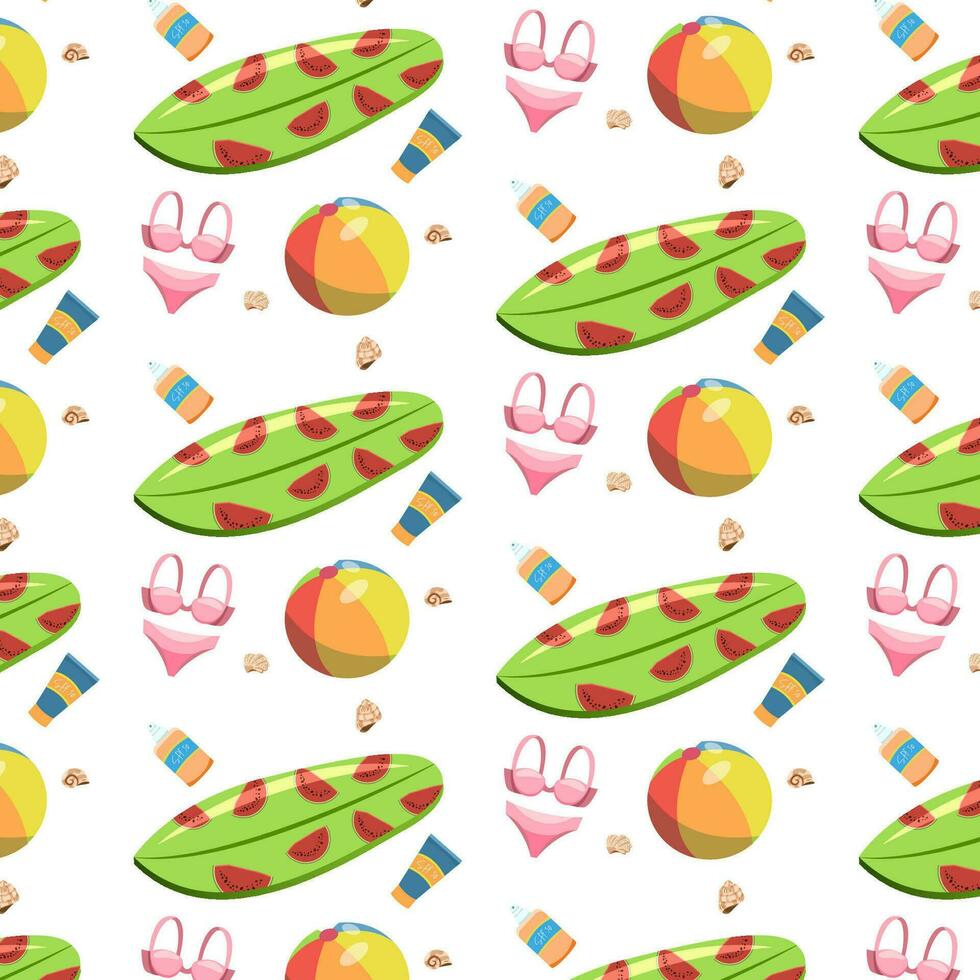 Colorful seamless pattern with swimwear surfboard beach ball and seashells on white background vector