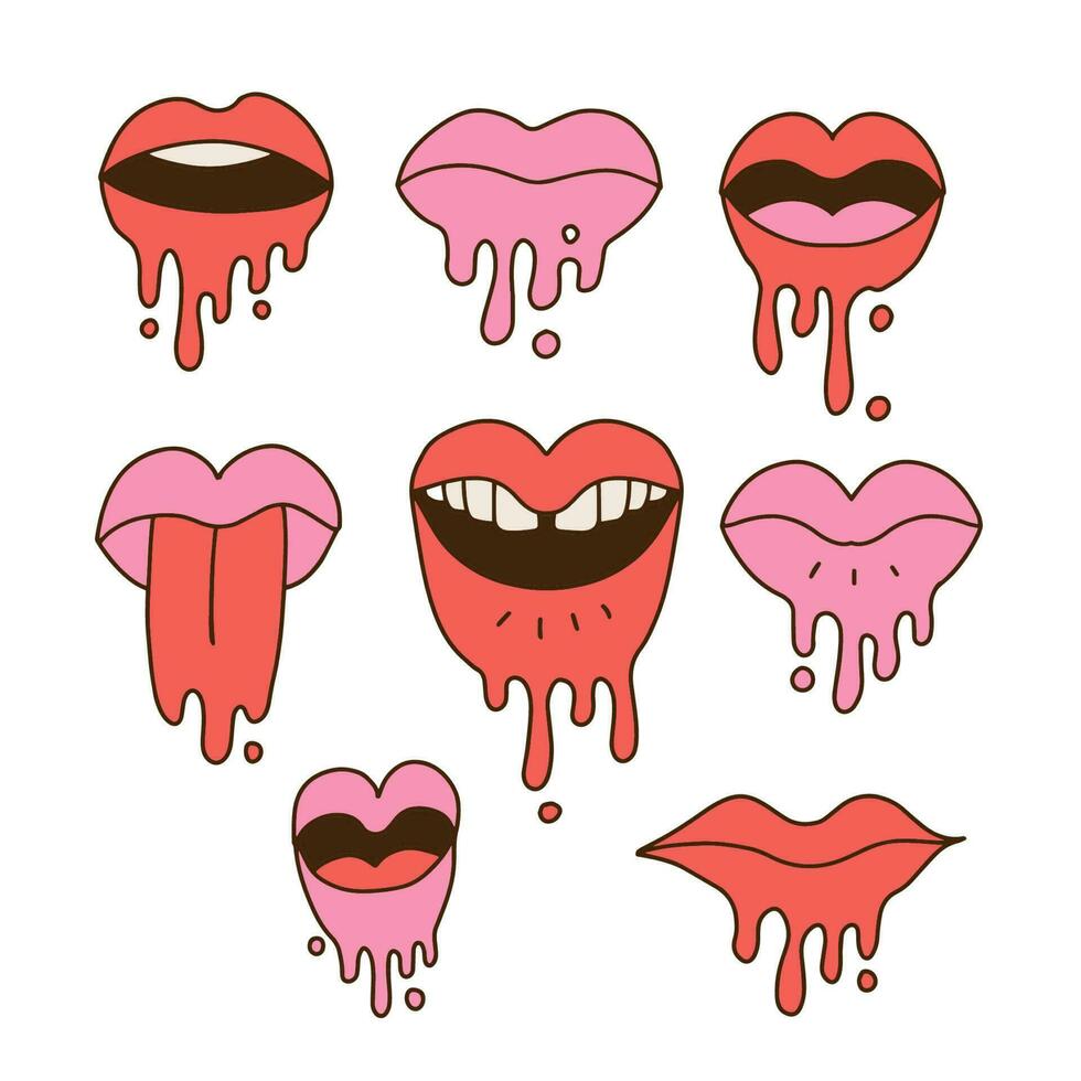 Set of retro groovy surreal mouths. Crazy hippy lips. Funky psychedelic cartoon female lips. Vintage 70s nostalgic melted sticker print. Trendy y2k melting Vector