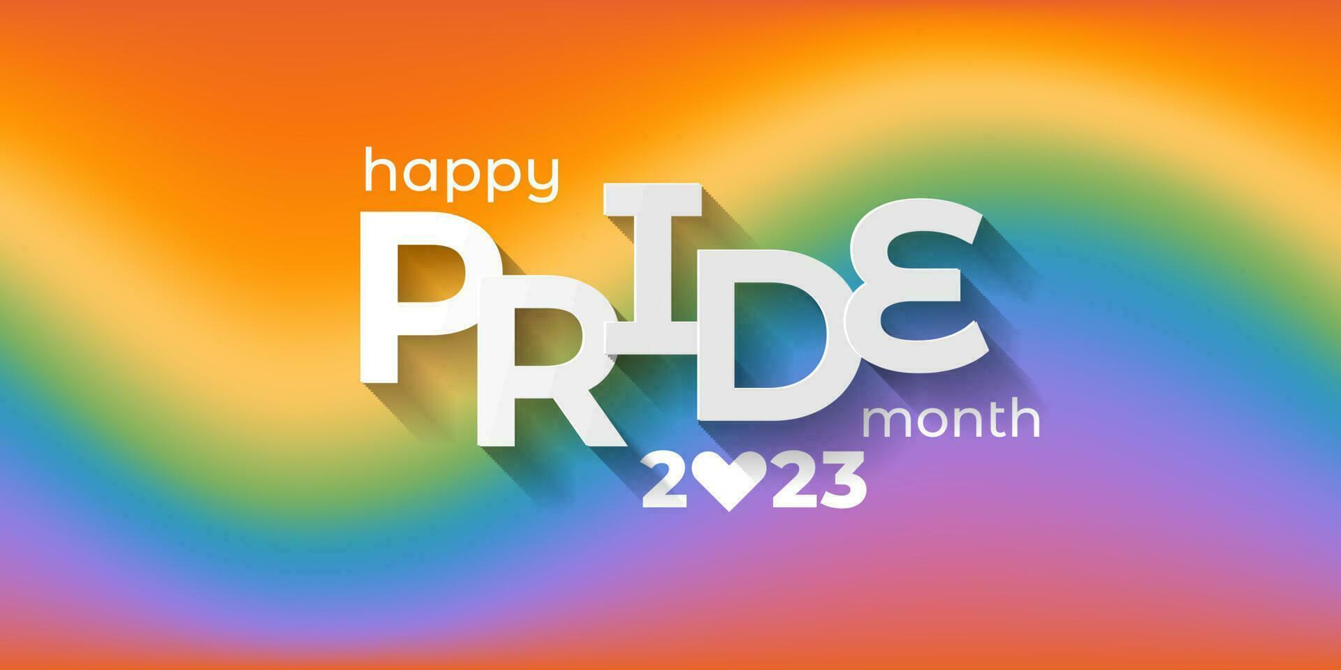 2023 LGBTQ Pride Month horizontal banner template. White paper letters on liquid rainbow background. Human rights or diversity concept. LGBT event card or background design. Vector illustration.