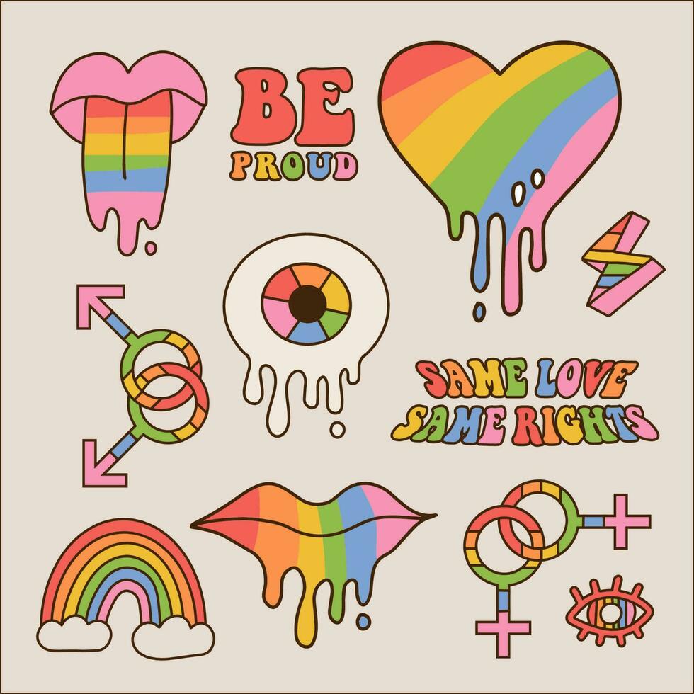 Retro groovy rainbow Pride month elements set. Psychedelic stickers collection. Vintage 70s style crazy various abstract iridescent elements. Trendy Vector illustration.