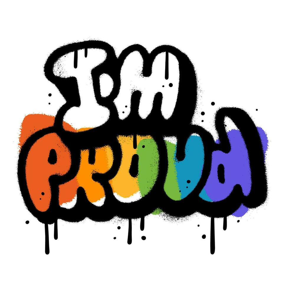 Spray textures black text - I'm PROUD. Handwritten grunge urban graffiti lettering with rainbow colors isolated on white. Hand drawn vector illustration of liquid ink typography.