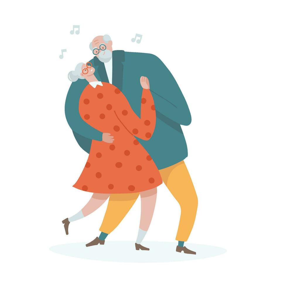 Romantic dance of senior couple. Flat Cartoon elderly couple dancing to music. Funny grandmother and grandfather on retirement. Cute older dancers in dance club. Vector hand drawn illustration.