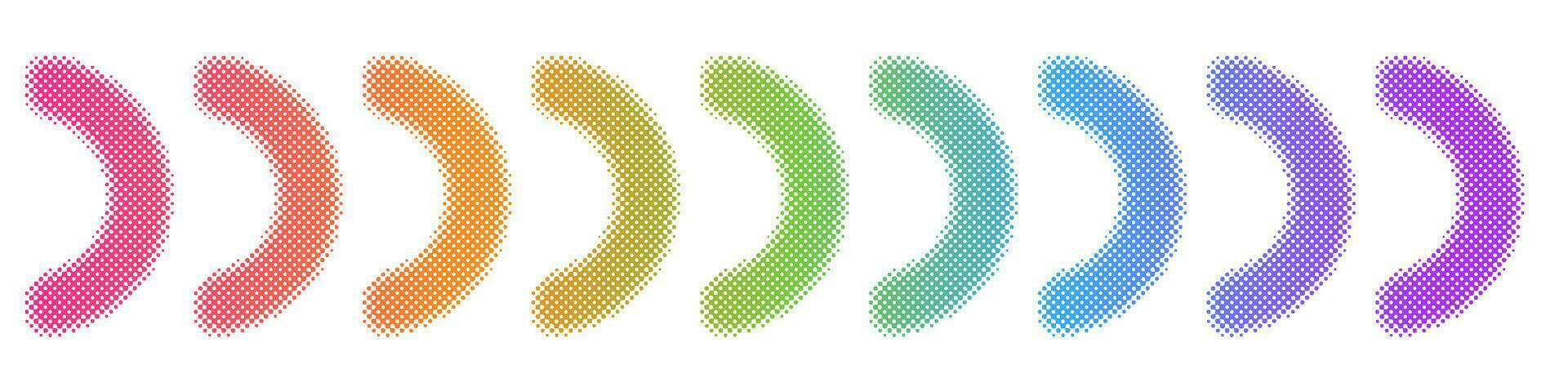 Abstract Colorful Semicircular Arrows. Dots, Dotted, Sparkle, Pixels, Square, Circle, Circular halftone shape Rainbow Pride month Symbol. Vector Design Elements