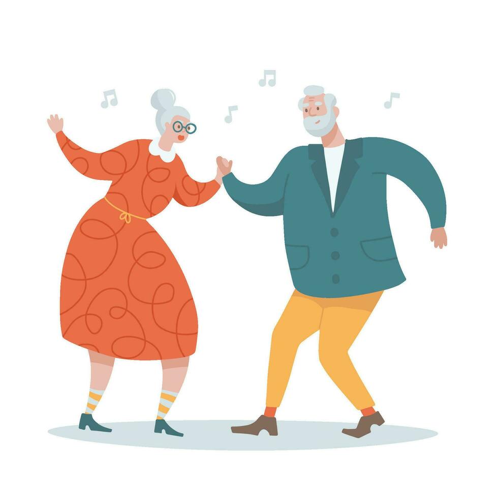 Elderly people dancing concept. Couple of happy old grey haired men and women dancing having fun enjoying time together. Cartoon flat hand drawn vector illustration