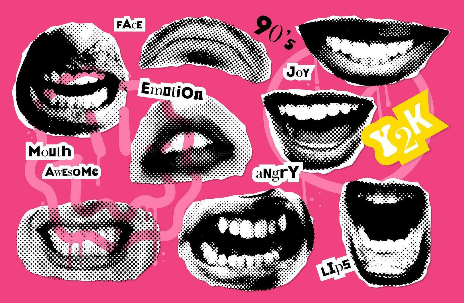 Vintege paper Collage stickers set with emotional mouths with grunge elements and piece of paper. Halftone lips for banner, graphic, poster. Vector Dotted Textured elements.