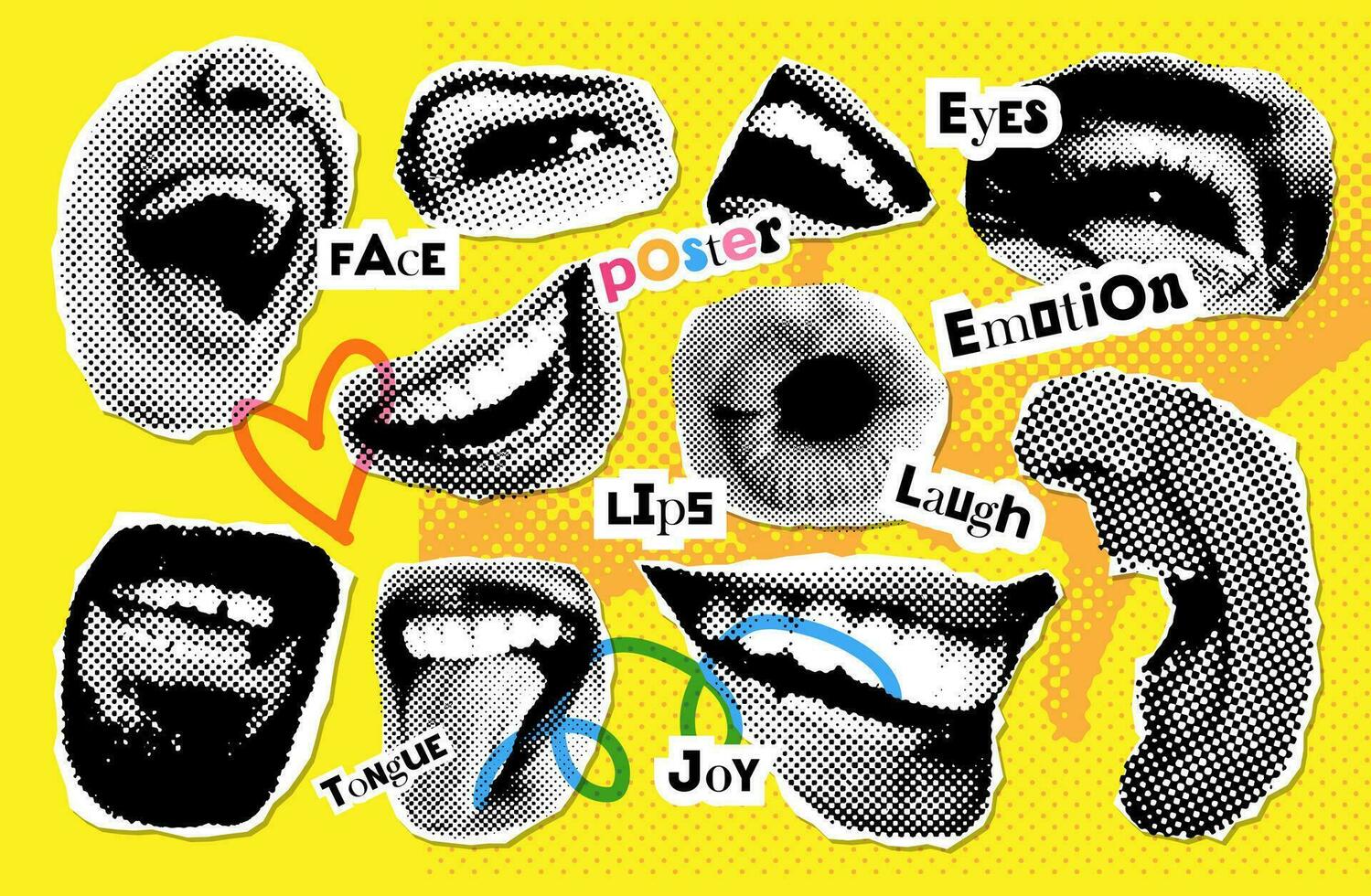 Halftone laughing lips set with grunge elements. Collage mouth collection for banner, poster, colage. Vector offset Texture elements pack