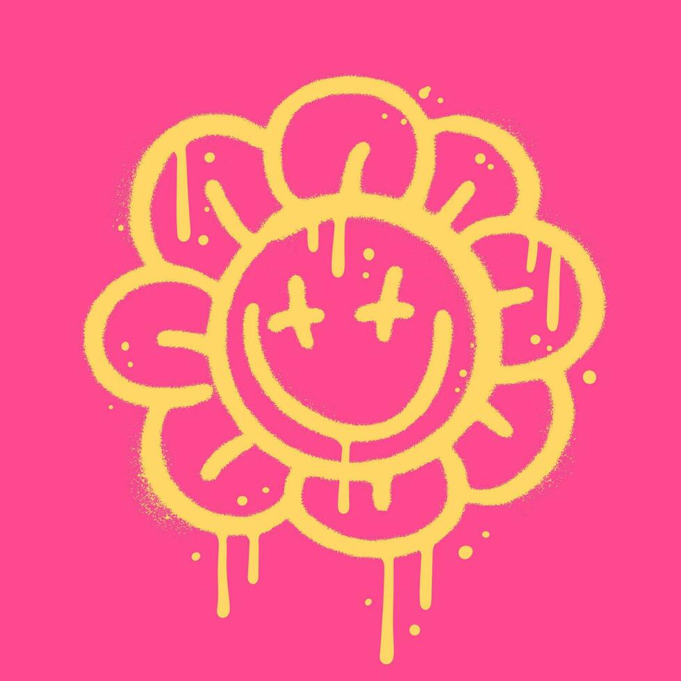 Positive vibes groovy Flower drawing with grunge emoji face. Urban graffiti sign with drops and leaks. Spray texture Vector illustration design for fashion graphics, t shirt prints.