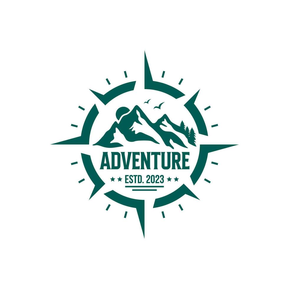 Adventure Logo with Mountain and Compass Design Vector Illustration Template