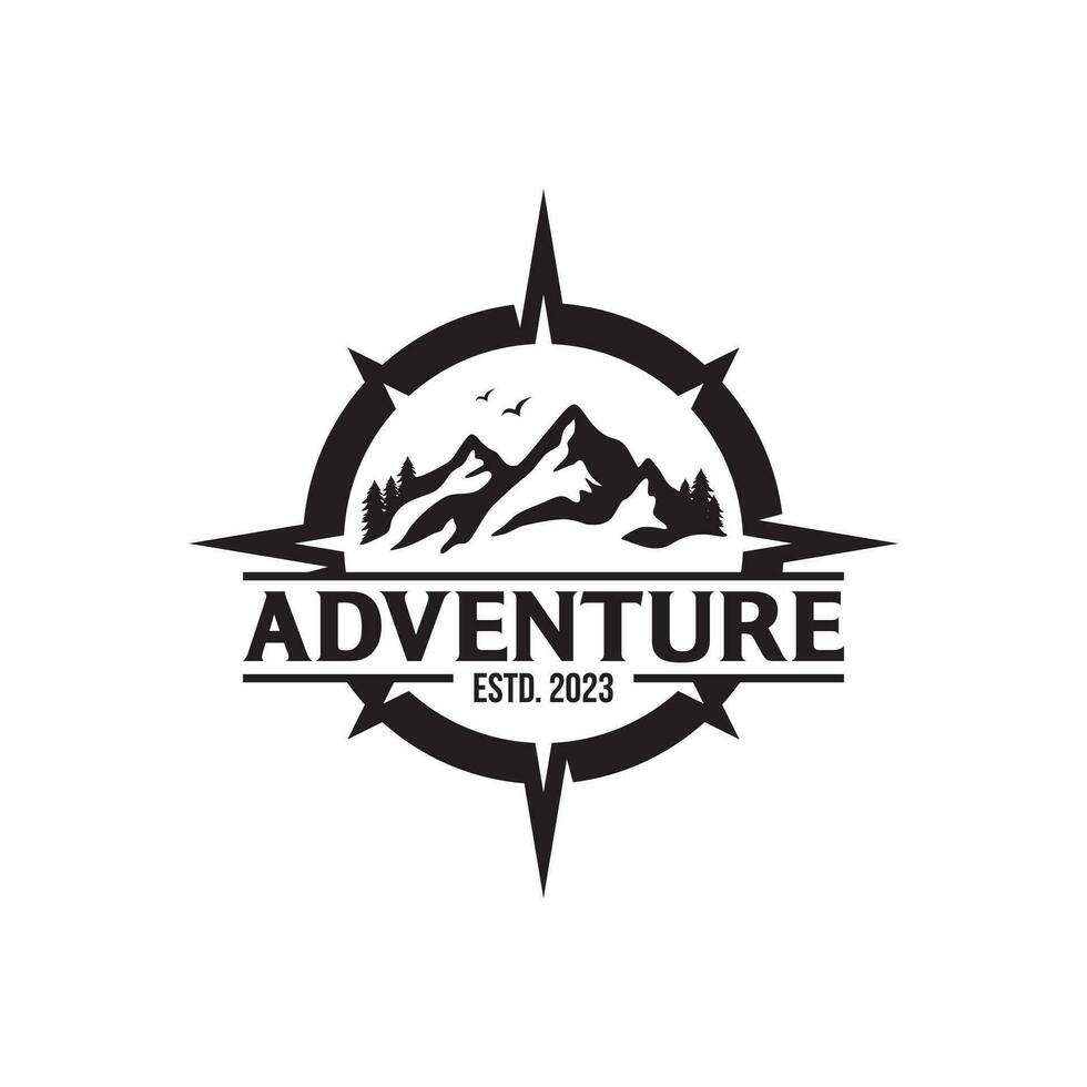 aventuras logo con montaña y Brújula diseño vector ilustración modelo