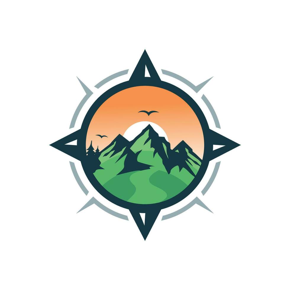 aventuras logo con montaña y Brújula diseño vector ilustración modelo