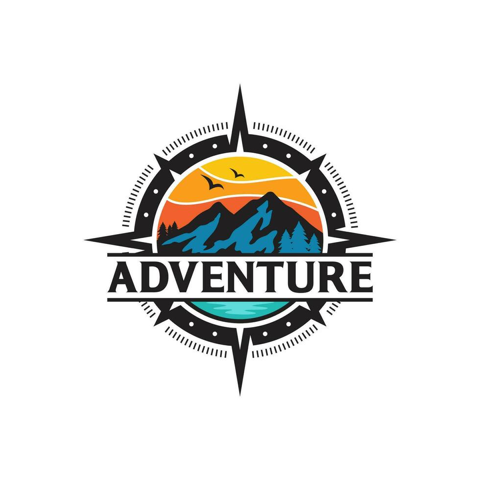 Adventure Logo with Mountain and Compass Design Vector Illustration Template