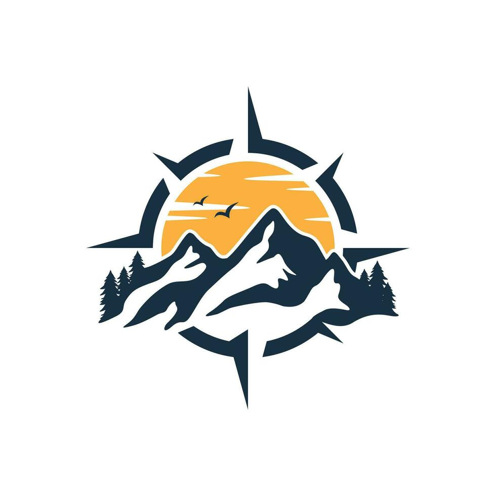 Adventure Logo with Mountain and Compass Design Vector Illustration Template