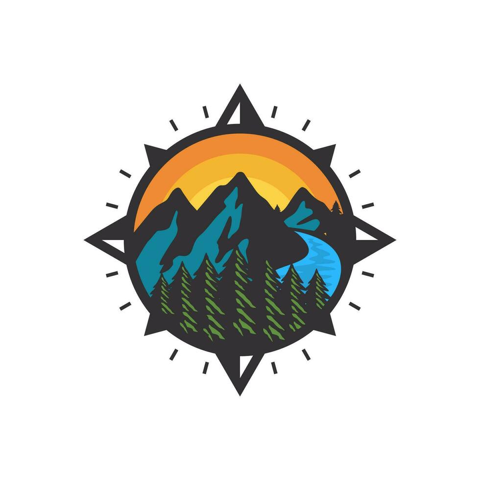 Adventure Logo with Mountain and Compass Design Vector Illustration Template