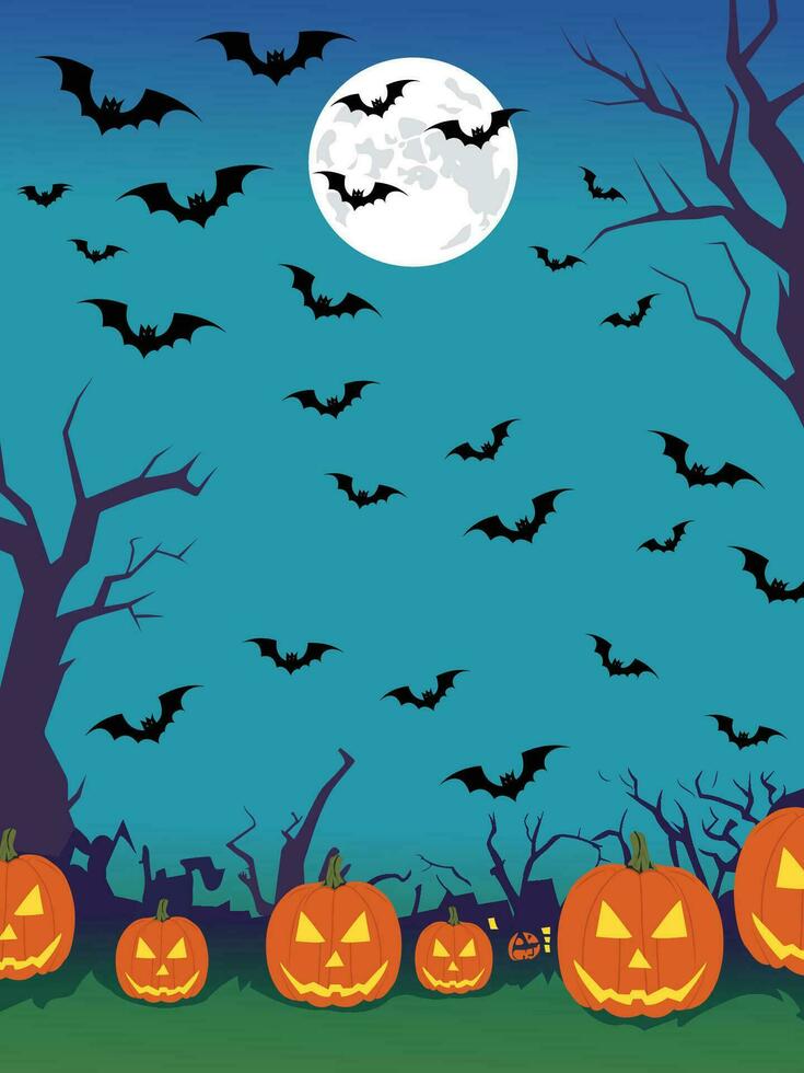 Halloween night background with trees, pumpkin, vector illustration