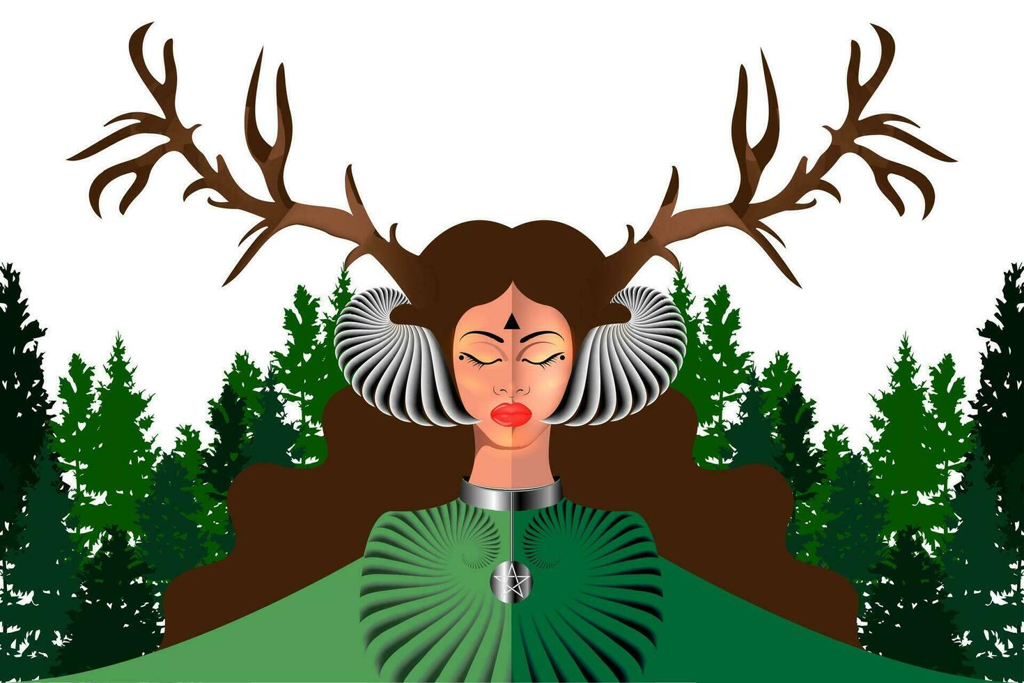 Celtic Woodland Goddess. Portrait of the beautiful woman in a horned headdress. Pagan goddess with closed eyes, mythical character. Nordic priestess Witch, sorceress, spirituality, occultism symbol vector