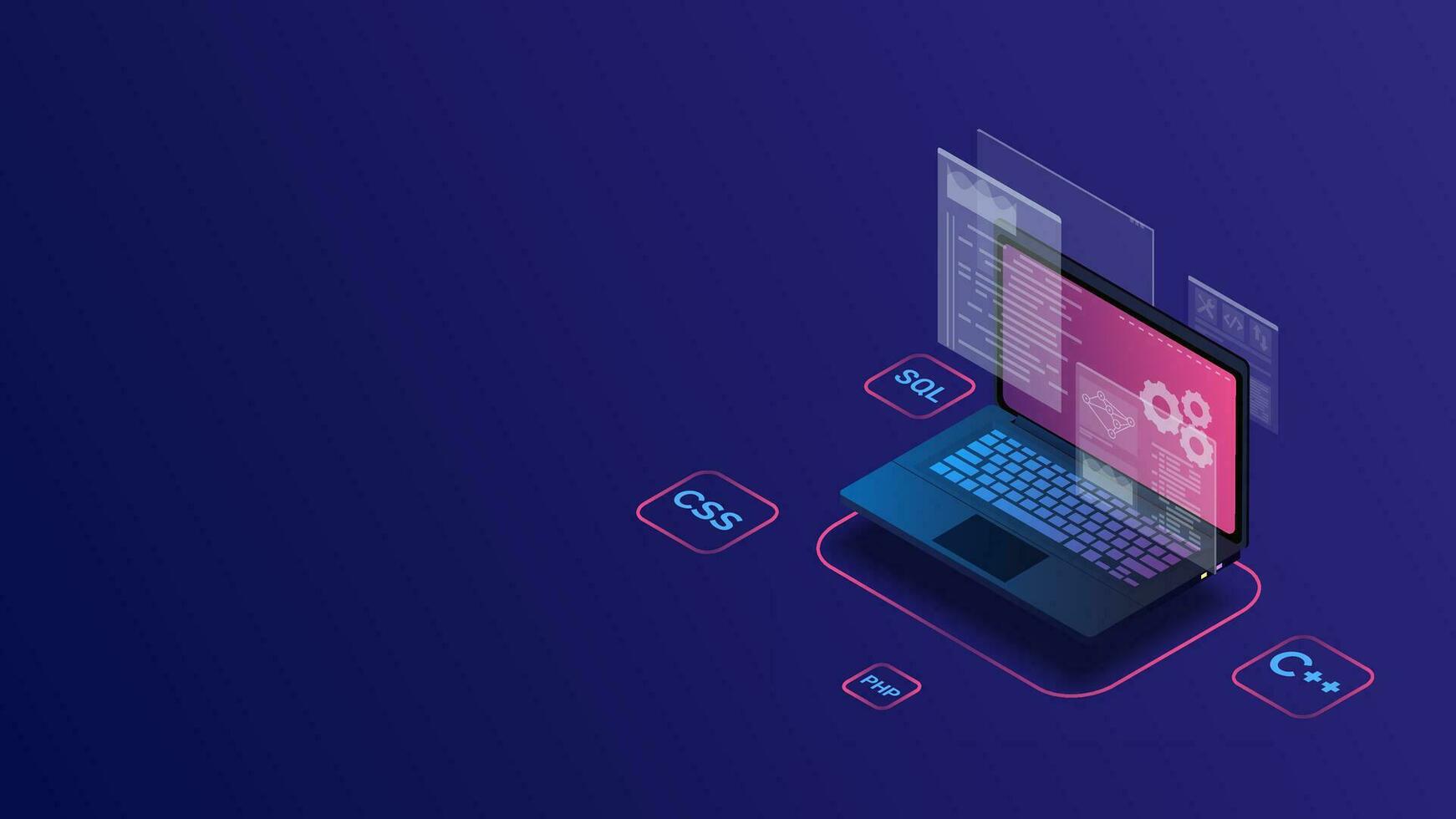 Computer Programing, Coding, Web Development with Isometric Laptop Displaying Futuristic UI vector