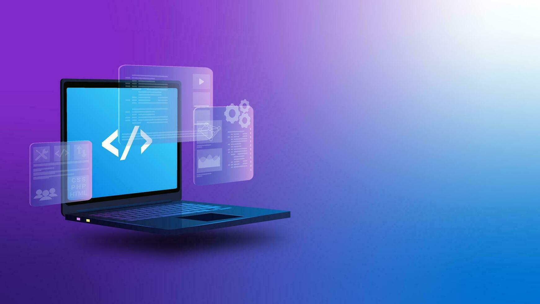 Software Development Coding concept, Programming Laptop UI vector