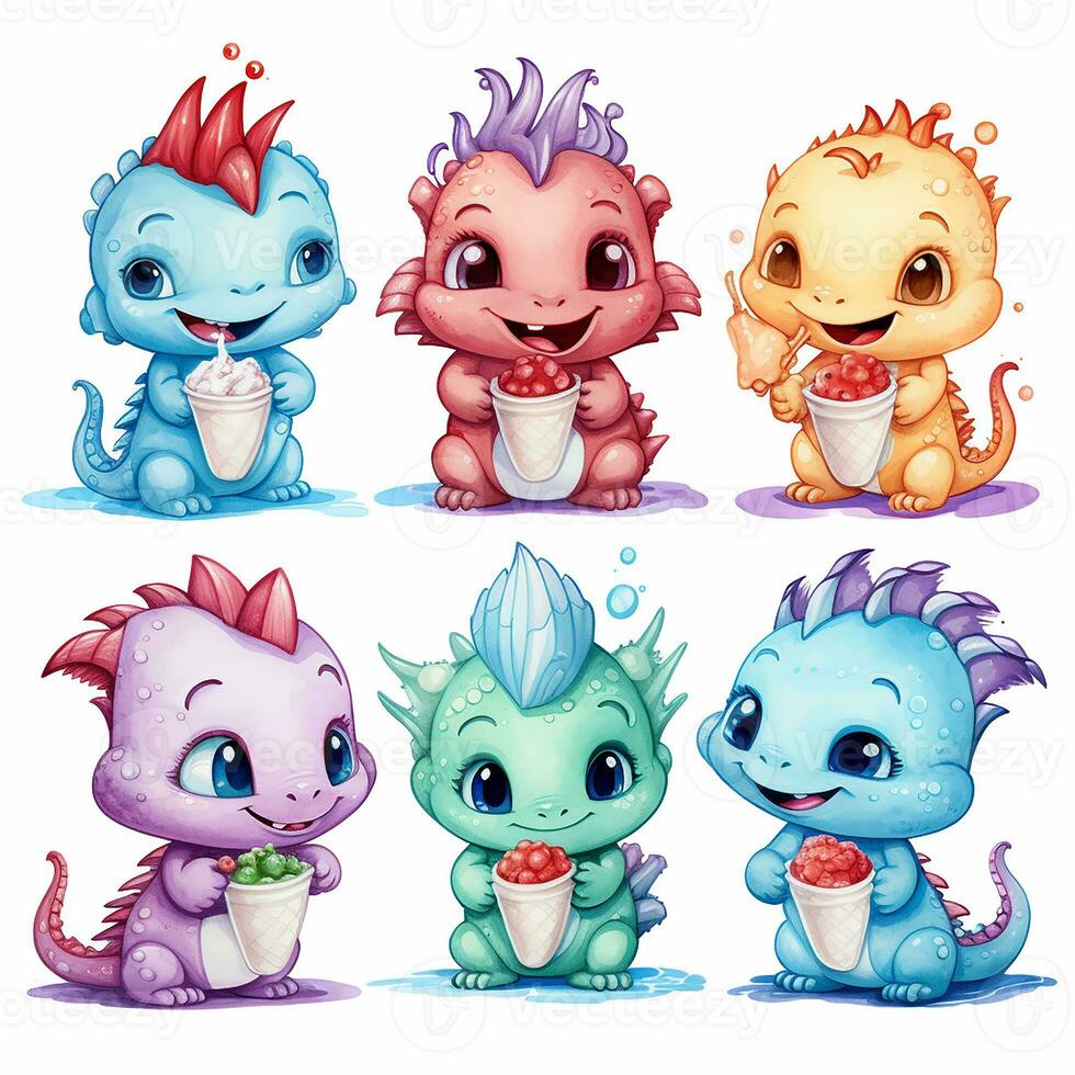 Set of 6 colorful cute dragons eating ice cream watercolor style photo