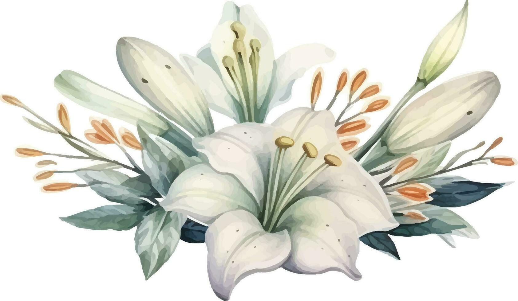 Vector flower bouquet of white lilies branches with flowers and leaves on a white background