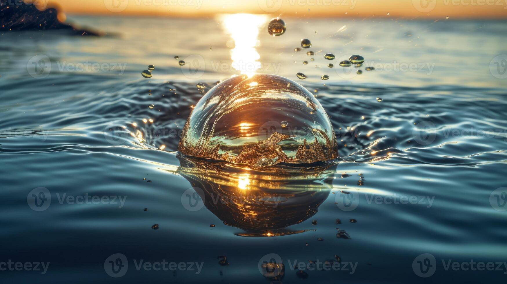 blue water splashing on a transparent ball in a dark background, beach water with waves, photo