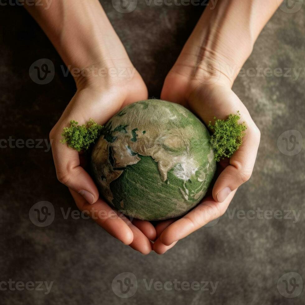Save the planet in green with two hands holding together. Environmental and reduce global warming help earth, top view. ecology and environment sustainable concept photo