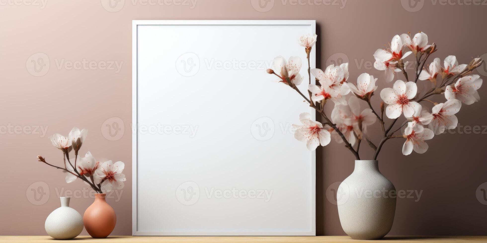 White frame mockup with flowers. Front viw of the empty white frame, photo