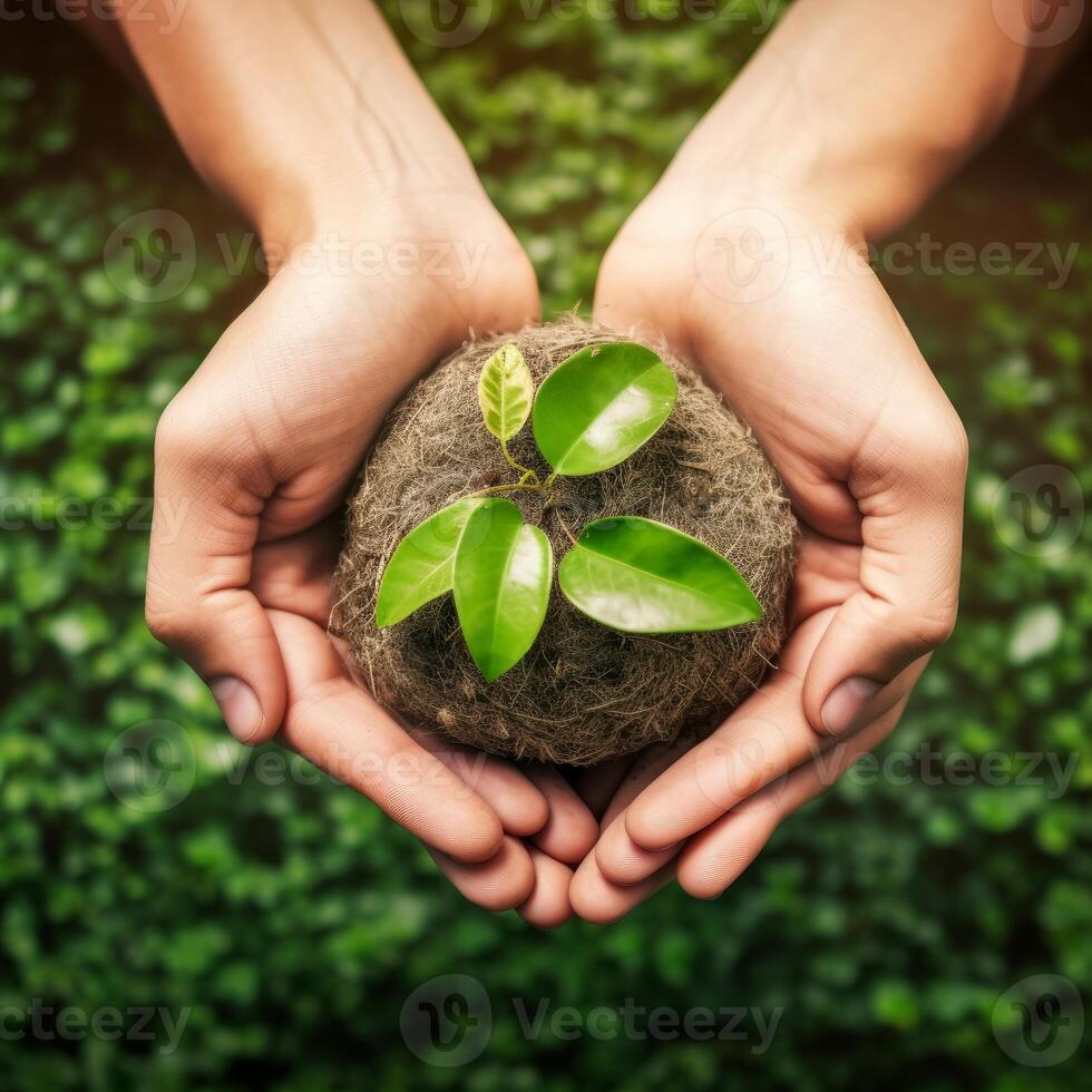 environment Earth Day two hands holding together a green earth. Environmental and reduce global warming help earth, top view. ecology and environment sustainable concept, photo