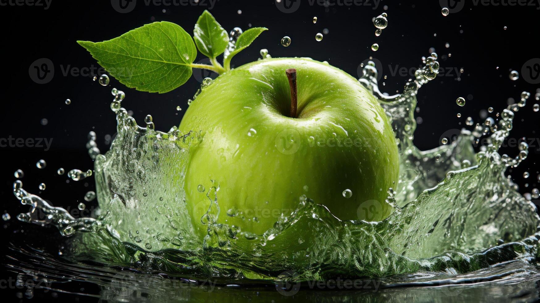 Water splashing on Fresh green apple on black background, photo