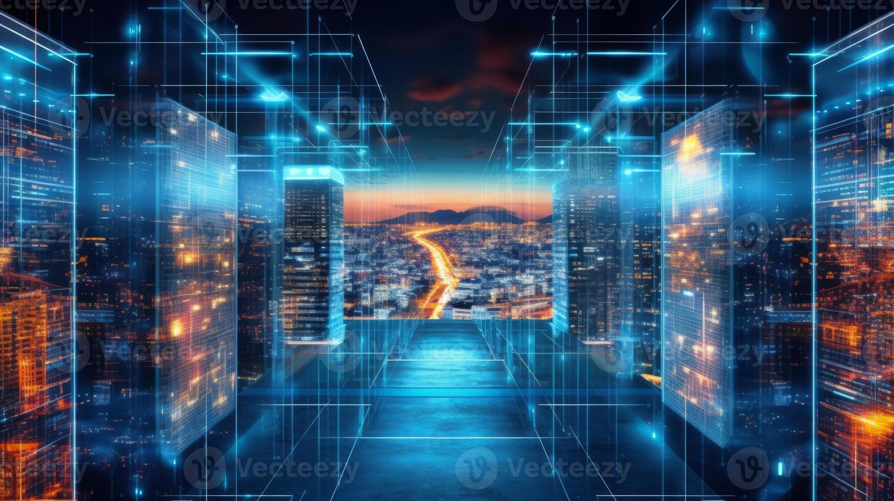 Super computer server racks in datacenter. 3d illustration, photo