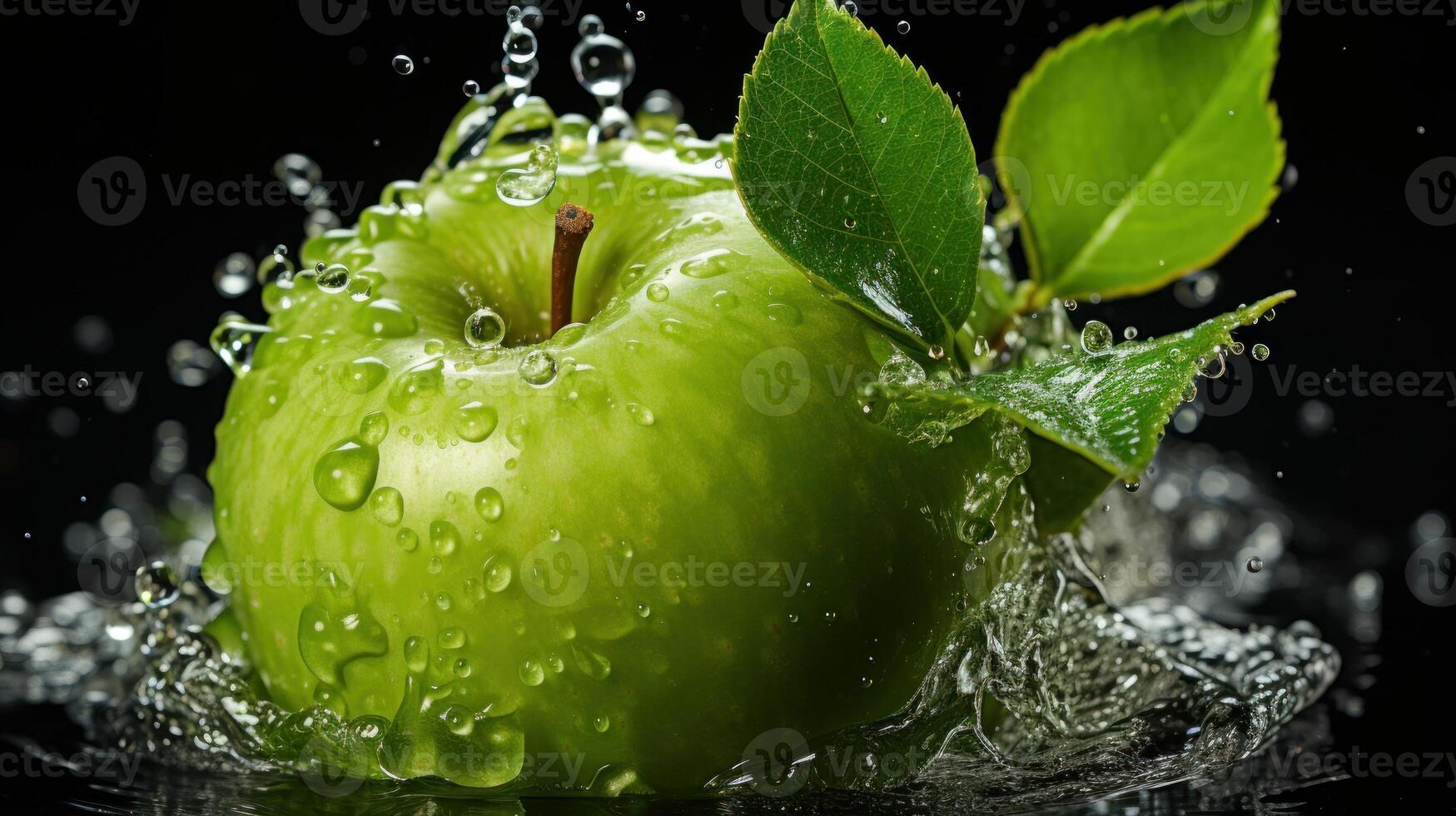 Green apple with leaf and water splash on black background, photo