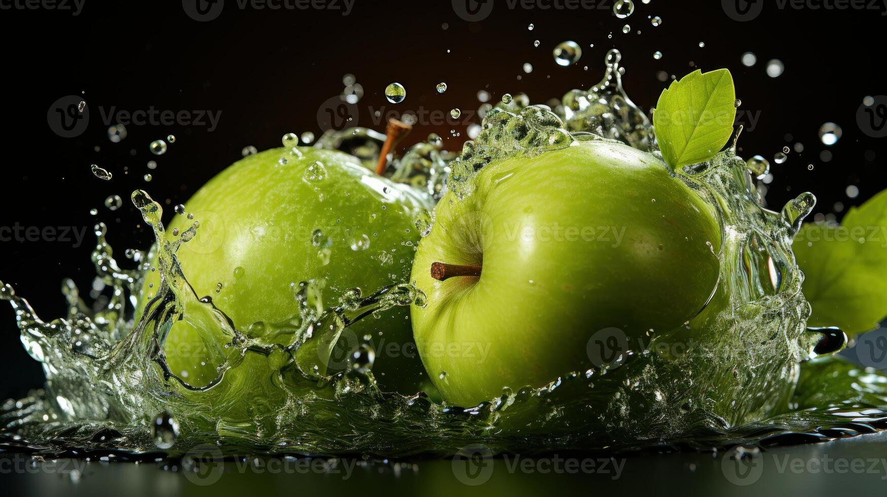 tasty green apple with leaf isolated on black background, photo