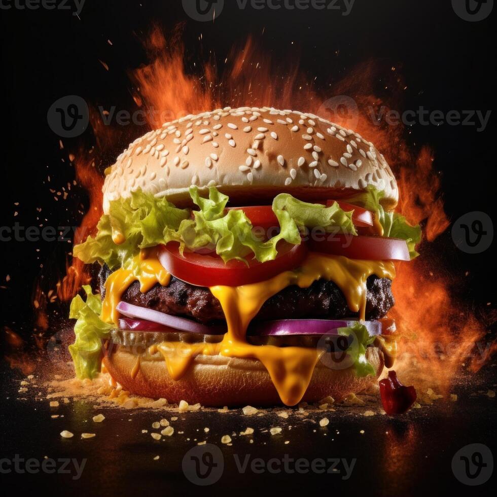Fastfood burger with yellow cheese, Bacon burger with beef, Juicy hamburger on black background, photo