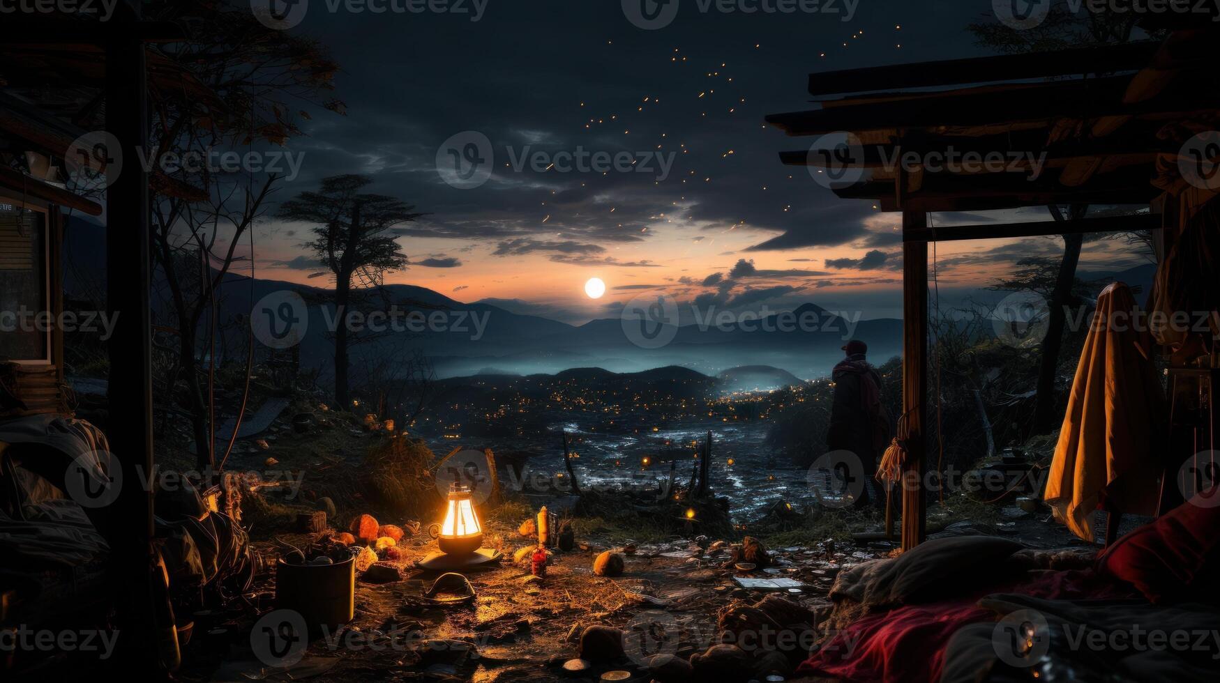 Beautiful landscape view with mountain and a man standing behind the scene, photo