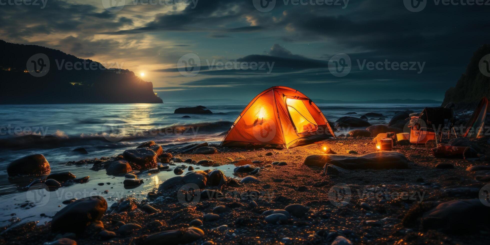Camping with a tent close to the water in the evening, photo