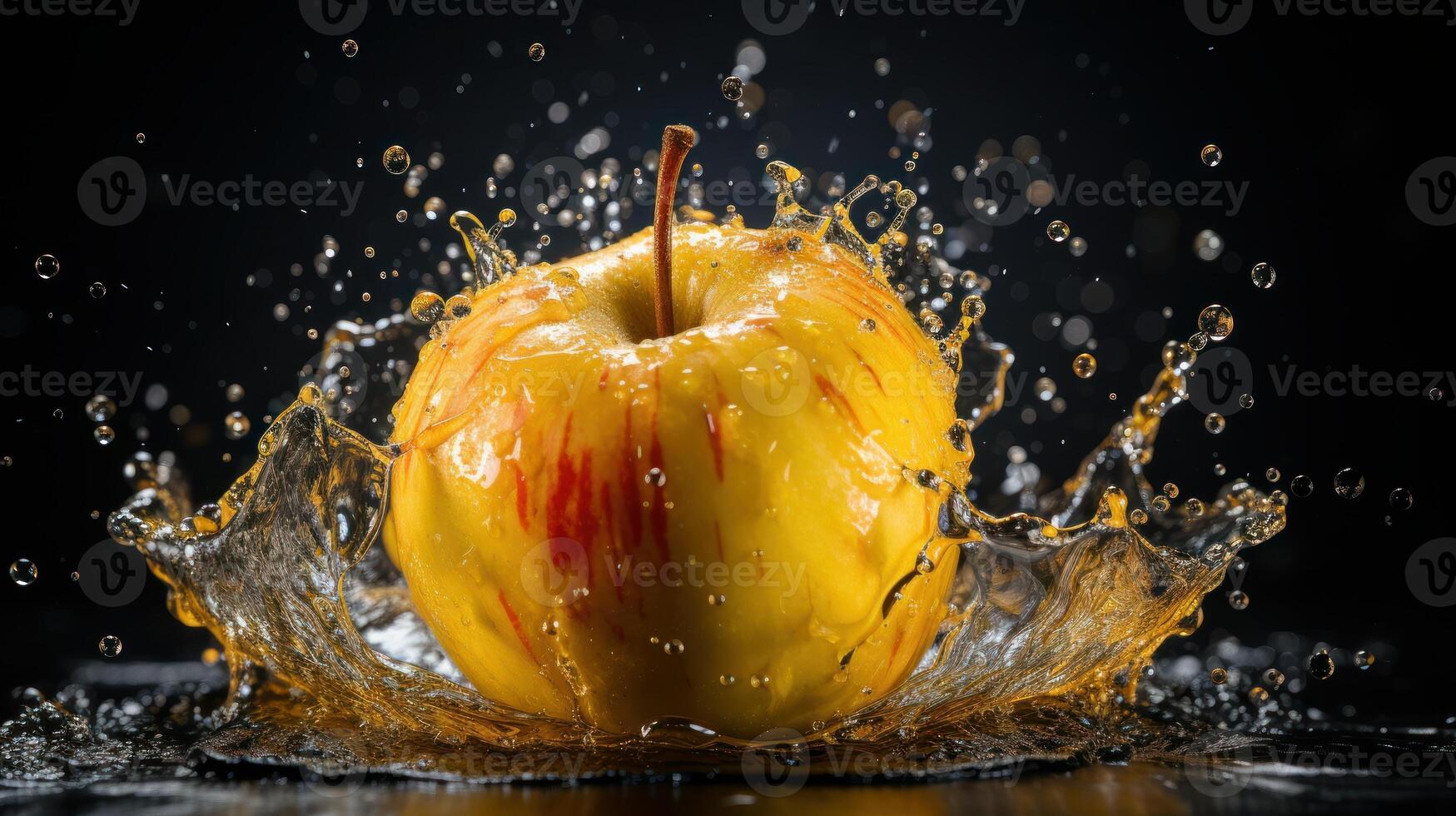 Yellow apple with water splash, fresh apple, photo