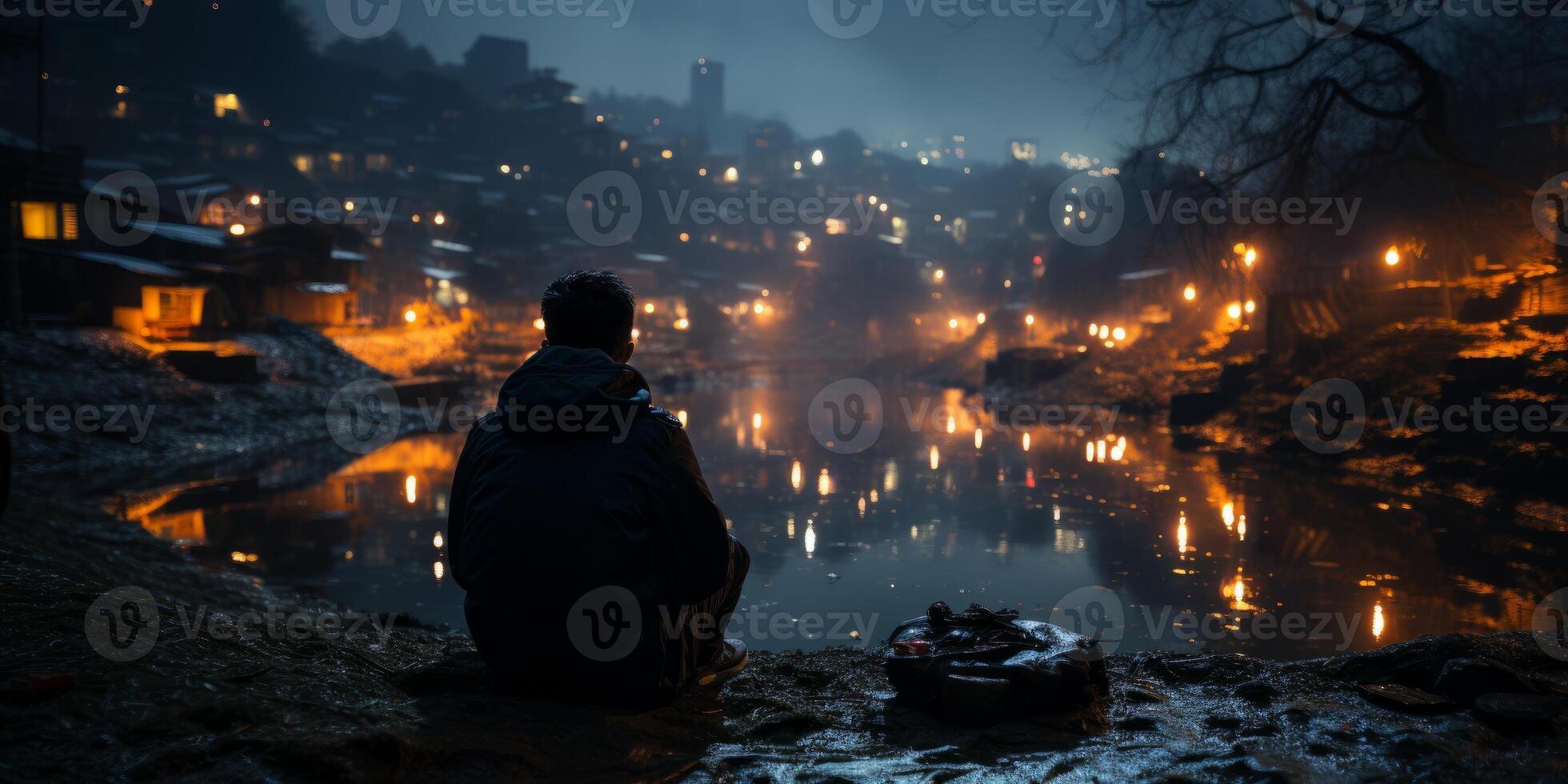 A man sitting on lake mountain in darknress, photo