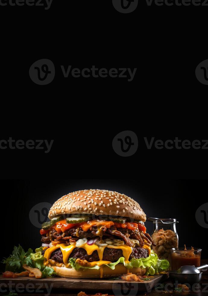 Front view tasty meat burger with cheese and salad on dark background, photo