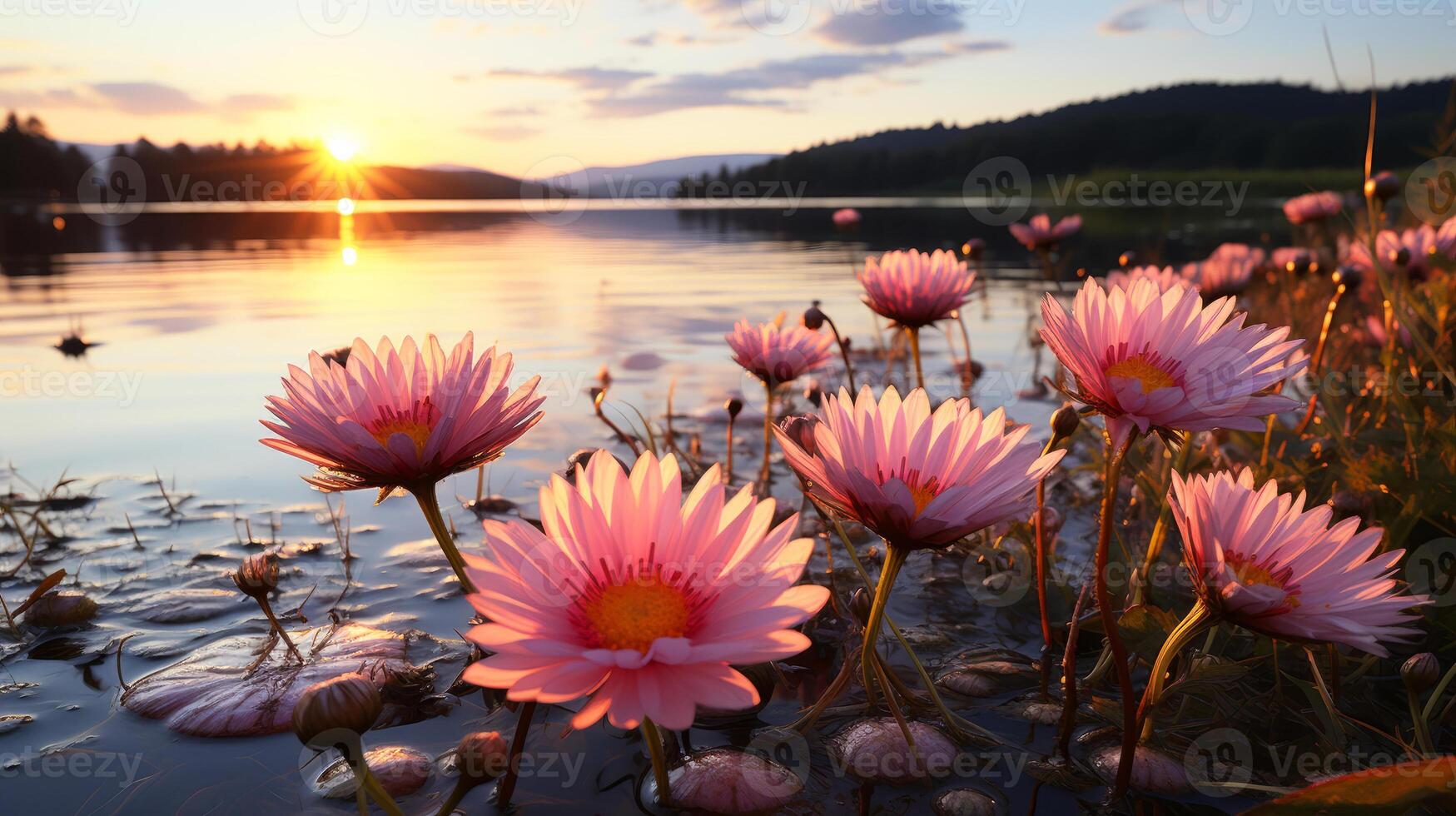 Landscape nature background with rose flowers with mountains. photo